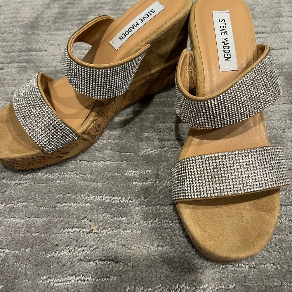 Steve Madden Women's Rhinestone Beige Wedge Sandals